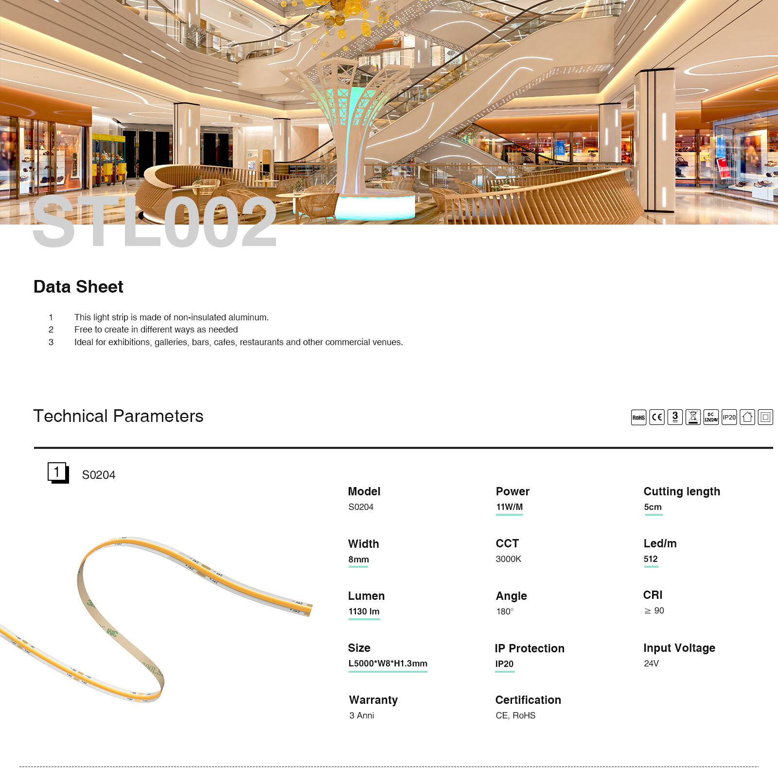 Fuasgladh solais sgoinneil - stiall COB LED IP20, 480LEDs/m, 11W/m, 3000K - STL002- S0204 Kosoom-Strip Solais Smart --01