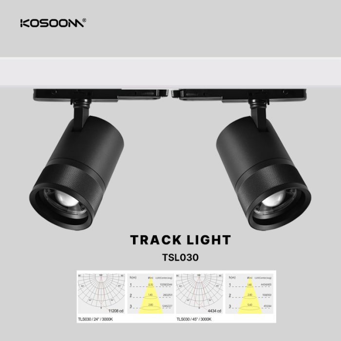 Ajustable Beam Angle COB Anti Glare Dimming LED Track Lights Set kanggo Desain Komersial TLSZ030 kosoom-Dimmable Track Lighting