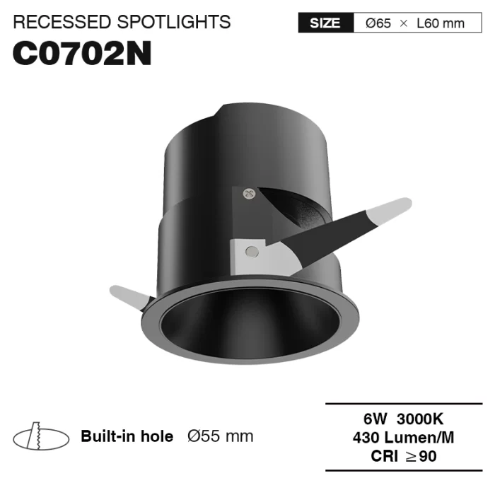 C0702N – 6W 3000K 24˚N/B Ra90 musta – upotettavat LED-kohdevalot – kellarin valaistus –01