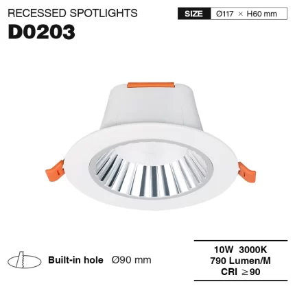 D0203 –10W 3000K 36˚N/B Ra90 ពណ៌ស- LED Downlights-Bathroom Recessed Lighting--01