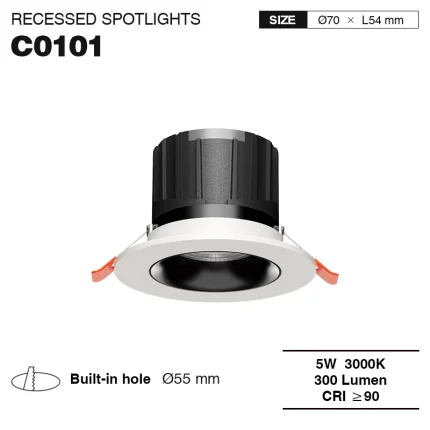 C0101– 5W 3000K 24˚N/B Ra90 Blanka – LED-Spotlights Enfontita-Banaĉambro Enkaŝigita Lumigo-CSL001-A-01