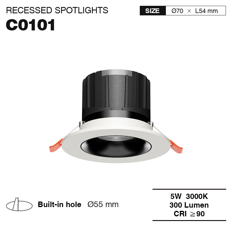 C0101– 5W 3000K 24˚N/B Ra90 Λευκό – Προβολείς LED σε εσοχή-Χωνευτός φωτισμός μπάνιου-CSL001-A-01