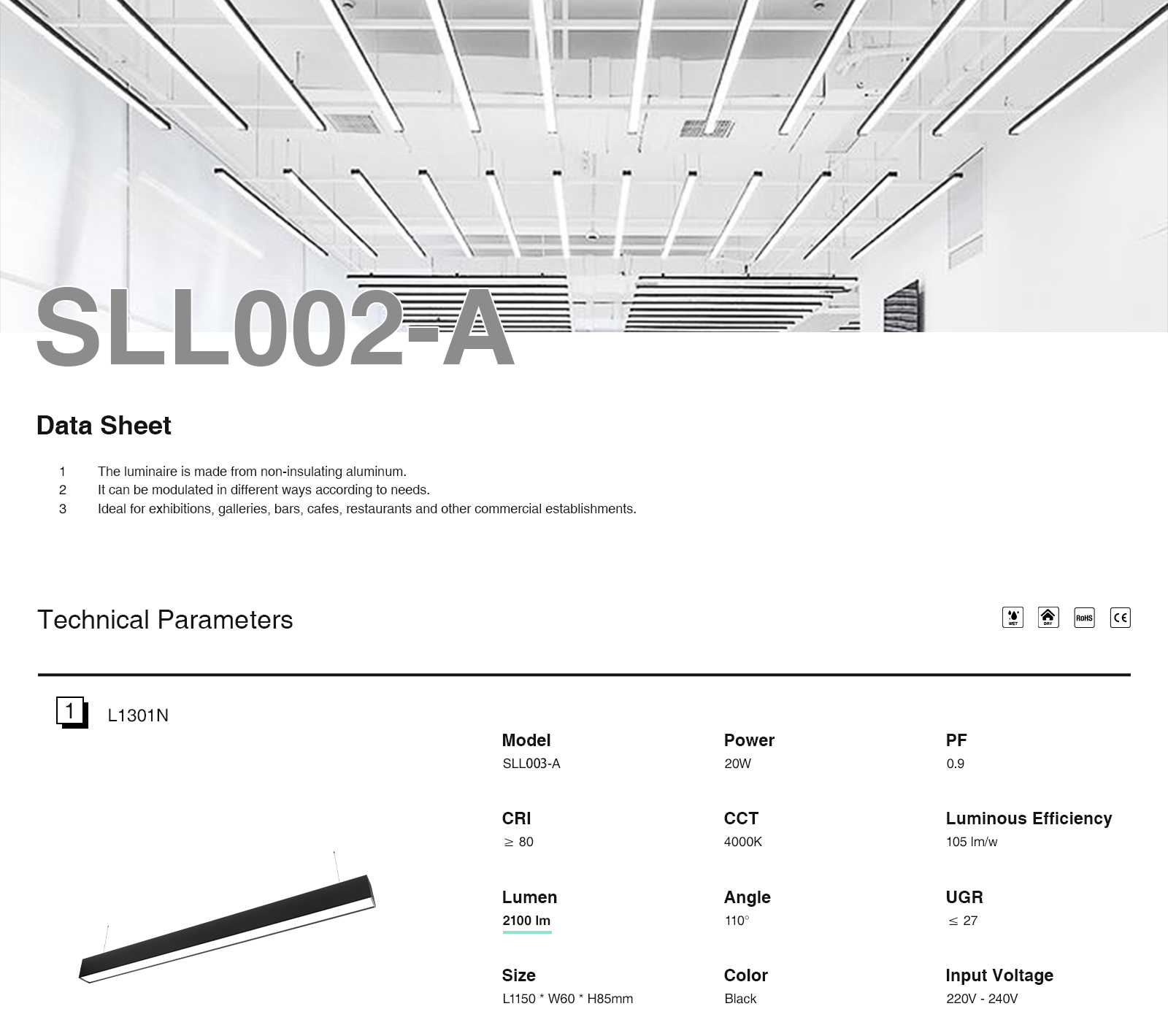 High Quality Linear Light, 2120lm, 110˚ Angle, CRI≥80 - L1302N-SLL002-A-Kosoom-Retail Store Lighting--01