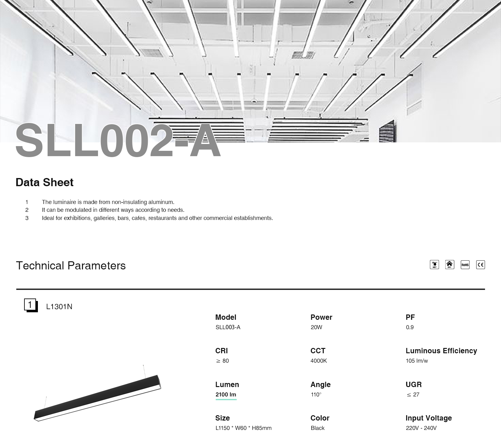 Cahaya Linear Kualitas Tinggi, 2120lm, Sudut 110˚, CRI≥80 - L1302N-SLL002-A-Kosoom-Pencahayaan Toko Ritel--01