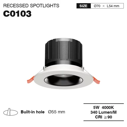 C0103- 5W 4000K 24˚N/B Ra90 سپین - د LED سپوږمکۍ ریسس شوي-ریسیس شوي ښکته رڼا-CSL001-A-01