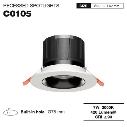 C0105– 7W 3000K 24˚N/B Ra90 White –  LED Spotlights Recessed-Retail Store Lighting--01
