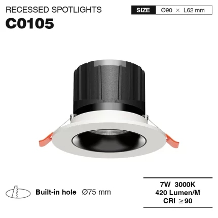 C0105– 7W 3000K 24˚N/B Ra90 Bílá – LED bodová svítidla Osvětlení do vestavné ložnice-CSL001-A-01