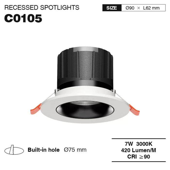 C0105– 7W 3000K 24˚N/B Ra90 سفید – نورافکن LED توکار-روشنایی اتاق خواب-CSL001-A-01