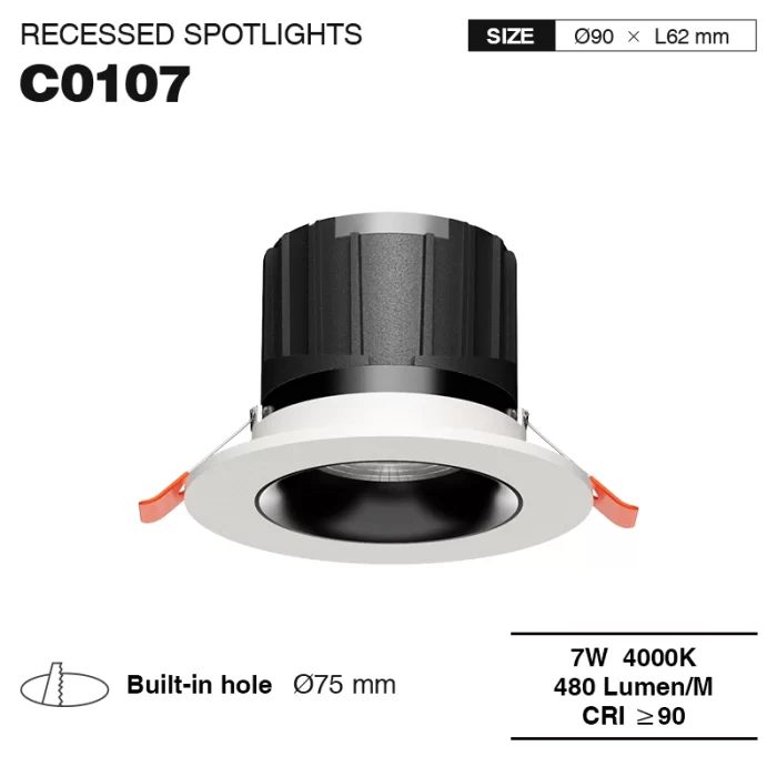 C0107– 7W 4000K 24˚N/B Ra90 سفید – چراغ‌های LED فرورفته-پایین-CSL001-A-01