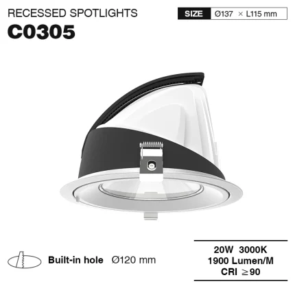 C0305 – 20W 3000K 24˚N/B Ra90 לבן – זרקורים שקועים LED-תאורת סלון--01