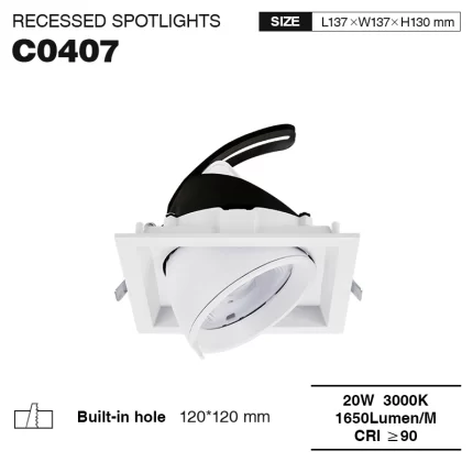 C0407– 20W 3000K 24˚N/B Ra90 Bianco – Spot LED Incasso-Illuminazione Commerciale--01