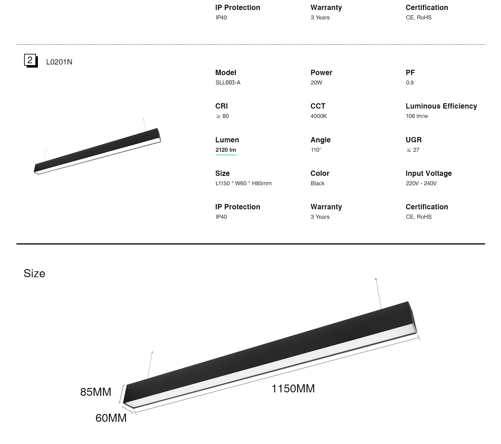 High Quality Linear Light, 2120lm, 110˚ Angle, CRI≥80 - L1302N-SLL002-A-Kosoom-Restaurant Lighting--02