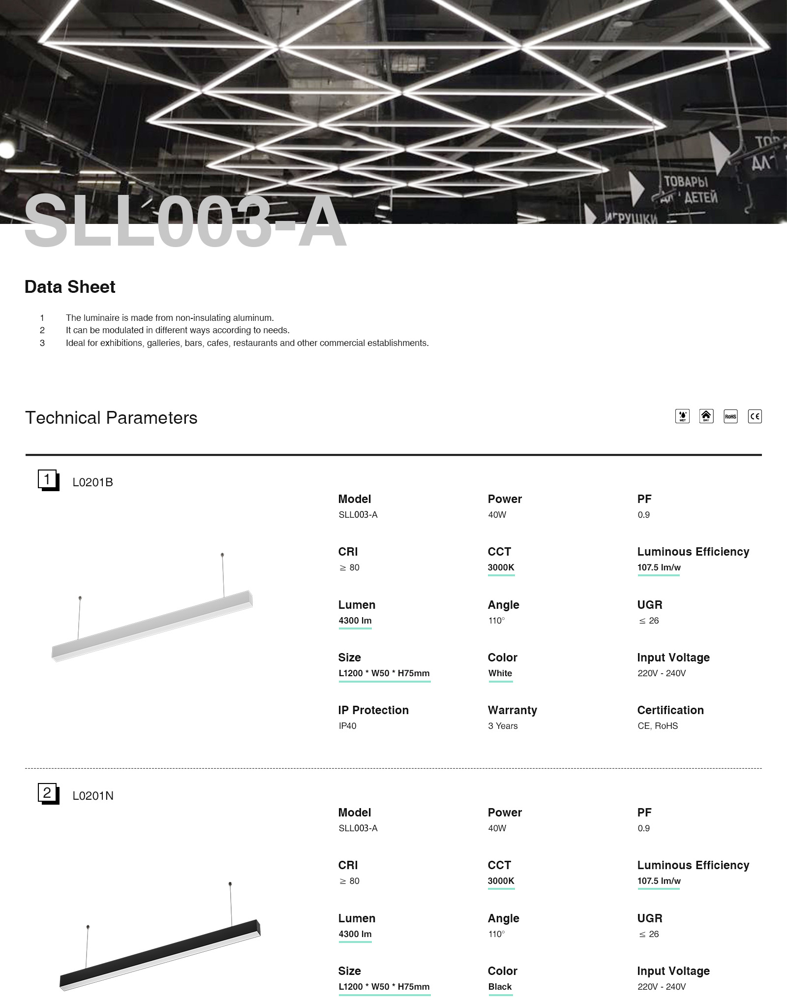 Hämardatavad päevavalgusega LED lineaarsed rippvalgustid valged 40 W 4000K 5000LM SLL003-A-L0202B KOSOOM-Jaekaupluse valgustus--1