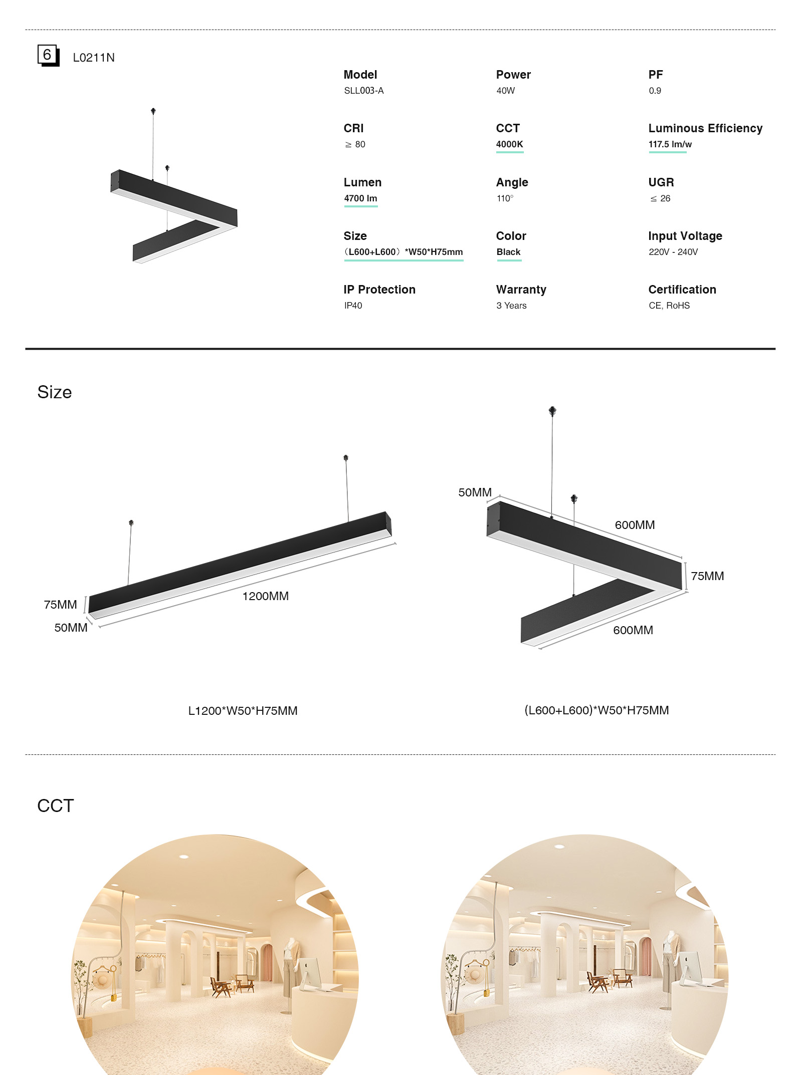 Dimmable Daylight LED Linear Pendant Lights White 40W 4000K 5000LM SLL003-A-L0211B by KOSOOM-Retail Store Lighting--3