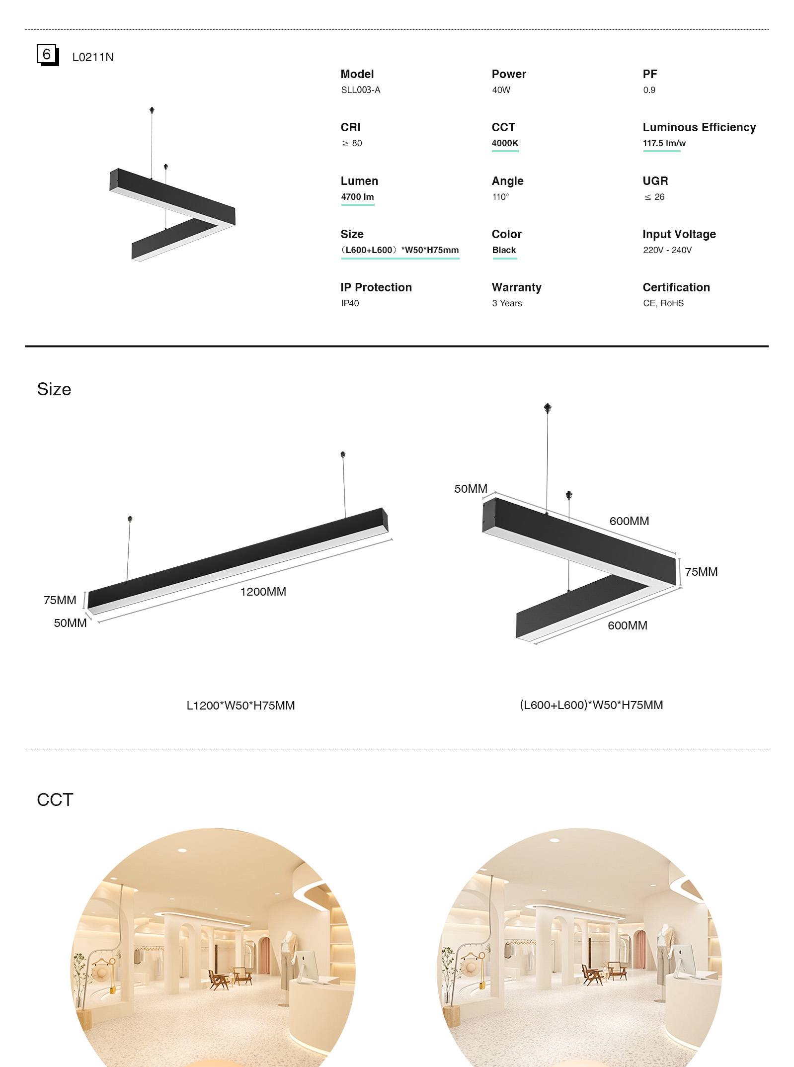 Линеарни LED светла за приврзок со затемнување бели 40W 4000K 5000LM SLL003-A-L0211B од KOSOOM-Осветлување на продавницата за малопродажба--3