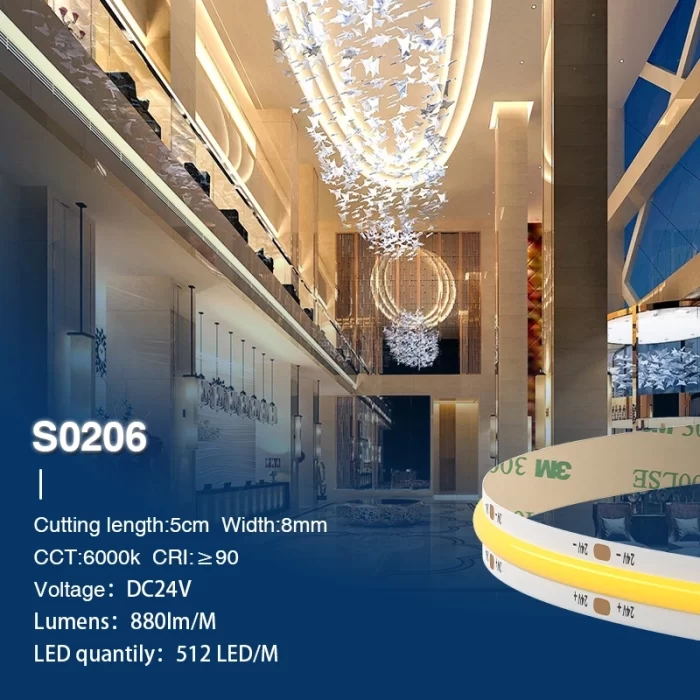 COB 6000K Ra90 IP20 11W/m 180° COB Ronahî Strips-LED Strip Lights Odeya rûniştinê-STL002-6