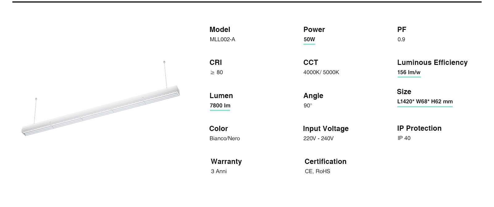 MLL002-A 5-Wire Trunking For LED Linear Lights 5-year Warranty-Linear Lights--ML00202