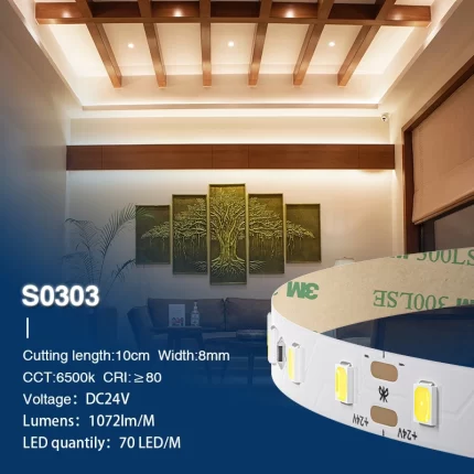 SMD 2835 6500K Ra80 IP20 8W/m 70LEDs/M LED Strip אור-לבן LED Strip אורות--S0303