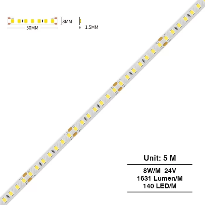 SMD 2835 6500K Ra80 IP20 12W/m 140LEDs/M LED Strio-Lumoj-Sub Breto LED Strio-Lumigo--S0308