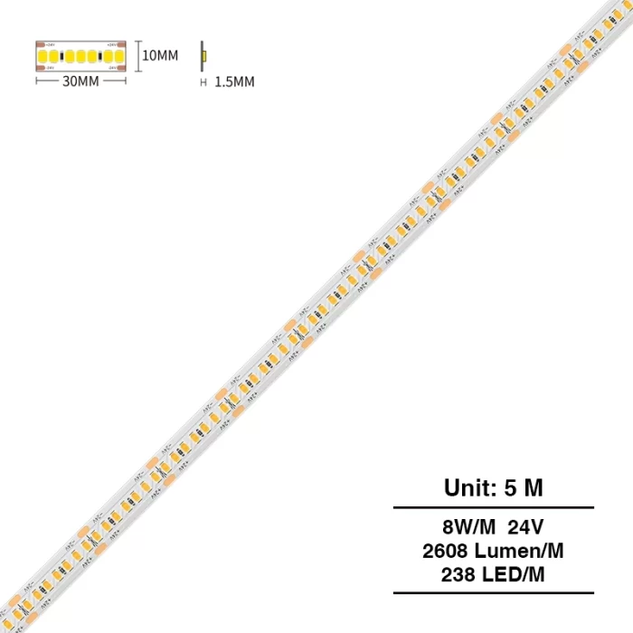 SMD 2835 3000K Ra80 IP20 20W/m 238LEDs/M LED स्ट्रिप लाइट्स-24V LED स्ट्रिप--S0309