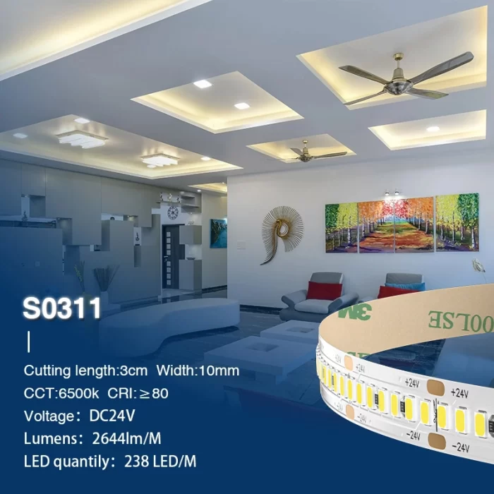 SMD 2835 6500K Ra80 IP20 20W/m 238LEDs/M LED-Lichtleiste – LED-Streifenbeleuchtung unter dem Regal – S0311