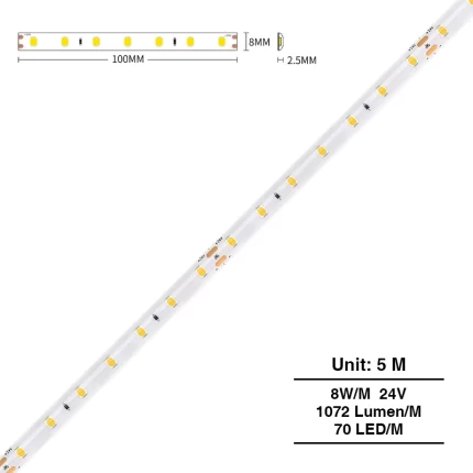 SMD 2835 3000K Ra80 IP44 8W/m 70LEDs/M LED Strip-ljus-Bokhyllebelysning--S0401