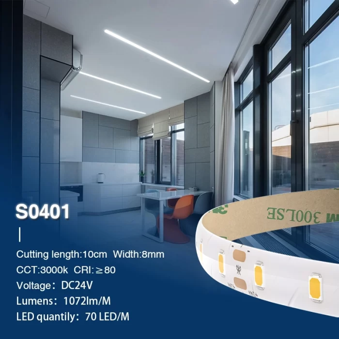 SMD 2835 3000K Ra80 IP44 8W/m 70LED's/M LED-strookligte-LED-ligstroke vir kamer--S0401