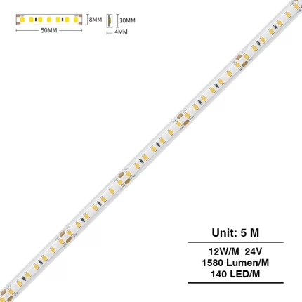 SMD 2835 3000K Ra80 IP65 12W/m 140LEDs/M Bande lumineuse LED-Bande LED 24V-S0502