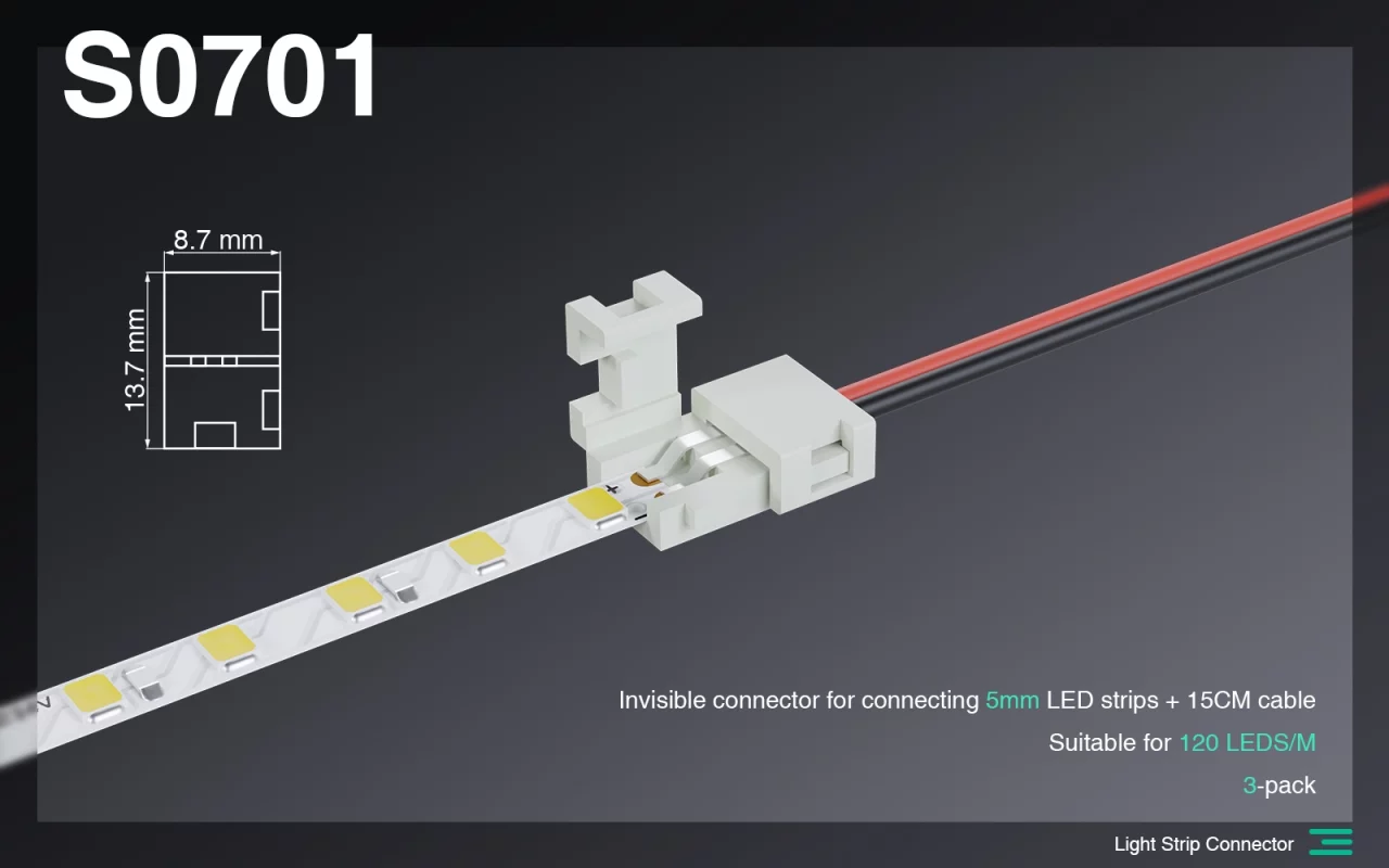 5mm LED લાઇટ સ્ટ્રીપ + 15CM કેબલ માટે લાઇટ સ્ટ્રીપ એસેસરીઝ/અદ્રશ્ય કનેક્ટર/120 LEDS/MT-એસેસરીઝ માટે યોગ્ય--S0701 01