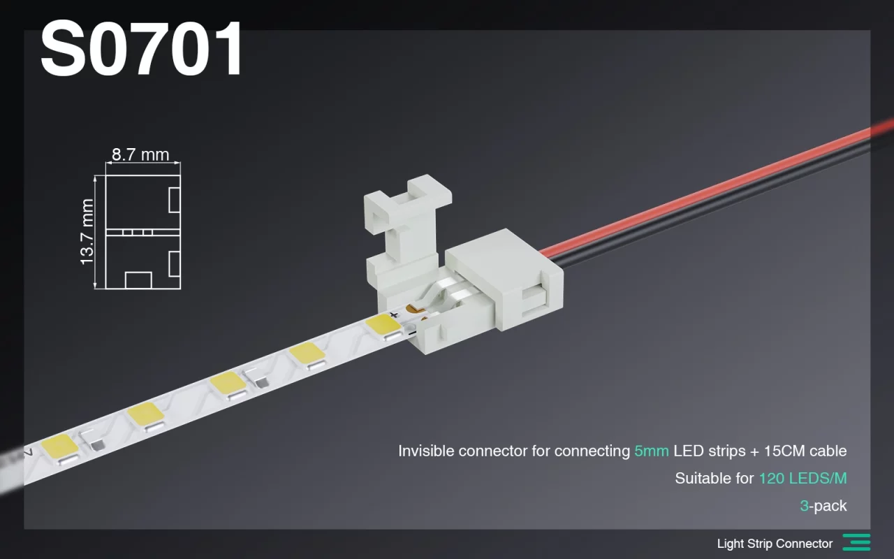 Accesorii pentru benzi luminoase/Conector invizibil la bandă luminoasă cu LED-uri de 5 mm + cablu de 15 cm/Potrivit pentru 120 LED-uri/Accesorii MT--S0701 01