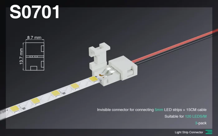 ملحقات شريط الضوء/موصل غير مرئي لشريط ضوء LED 5 مم + كابل 15 سم/مناسب لـ 120 LEDS/MT-Accessories-S0701 01