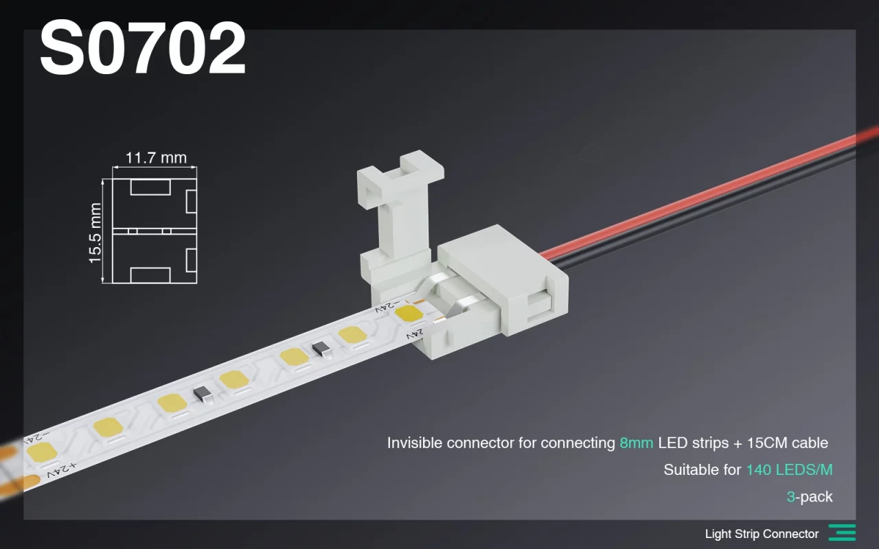 Accessori/Connettore invisibile Striscia LED på 8 mm + Cavo da 15 cm/Adatto per 140 LED/MT-Tilbehør--S0702 01