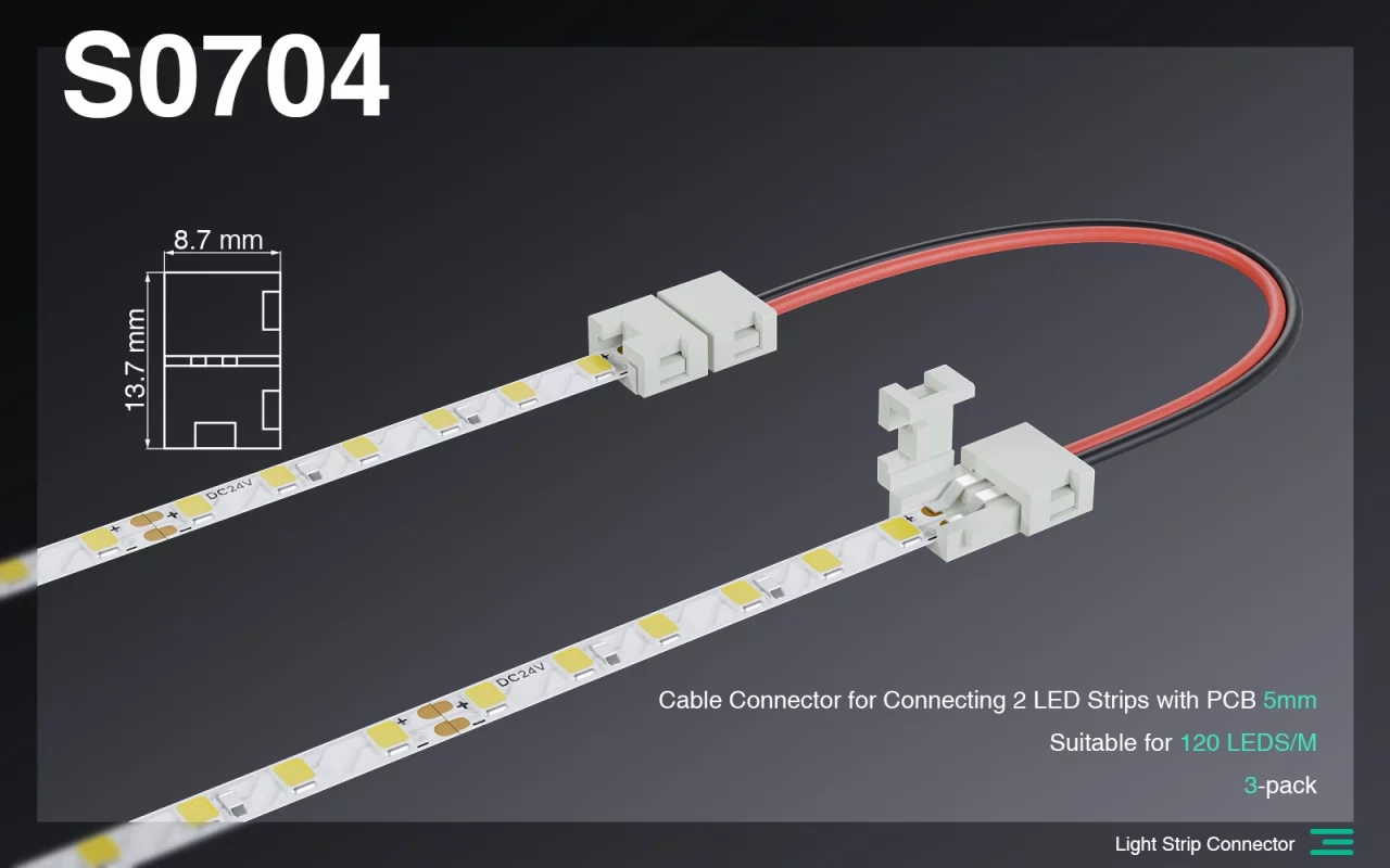 Acessórios de tira de luz/cabo conector para conectar 2 tiras de LED e PCB de 5mm/para 120 LEDs-conectores de luz de tira de LED -- S0704 01