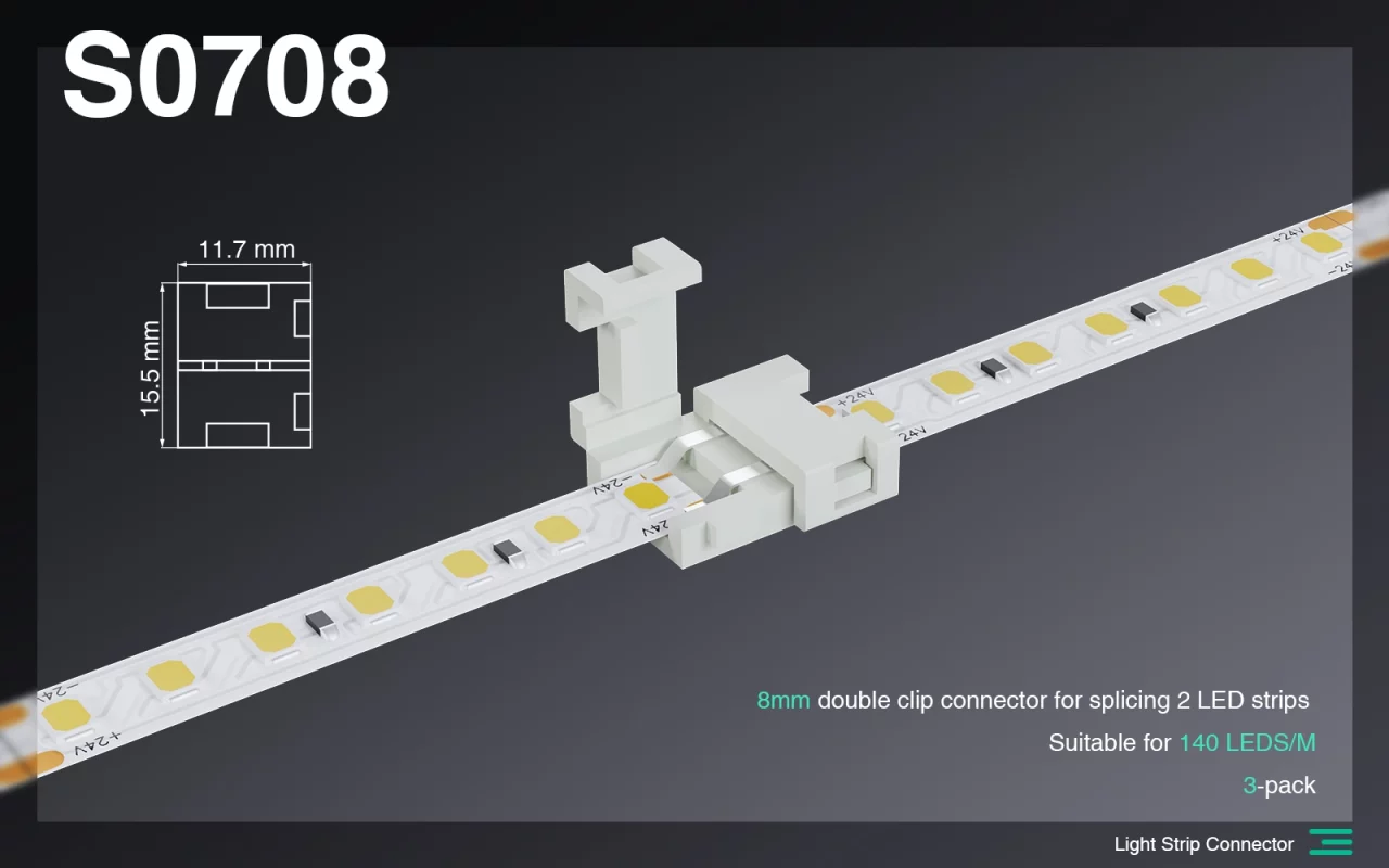 Connecteur à double pince de 8MM pour connecter 2 bandes LED/accessoires, connecteurs de bande lumineuse LED-S0708 01