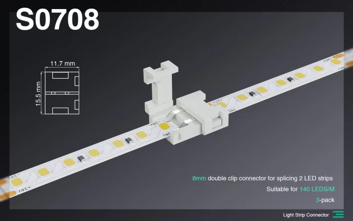 Conector de braçadeira dupla de 8mm para conectar 2 tiras de LED/acessórios-conectores de luz de tira de LED -- S0708 01