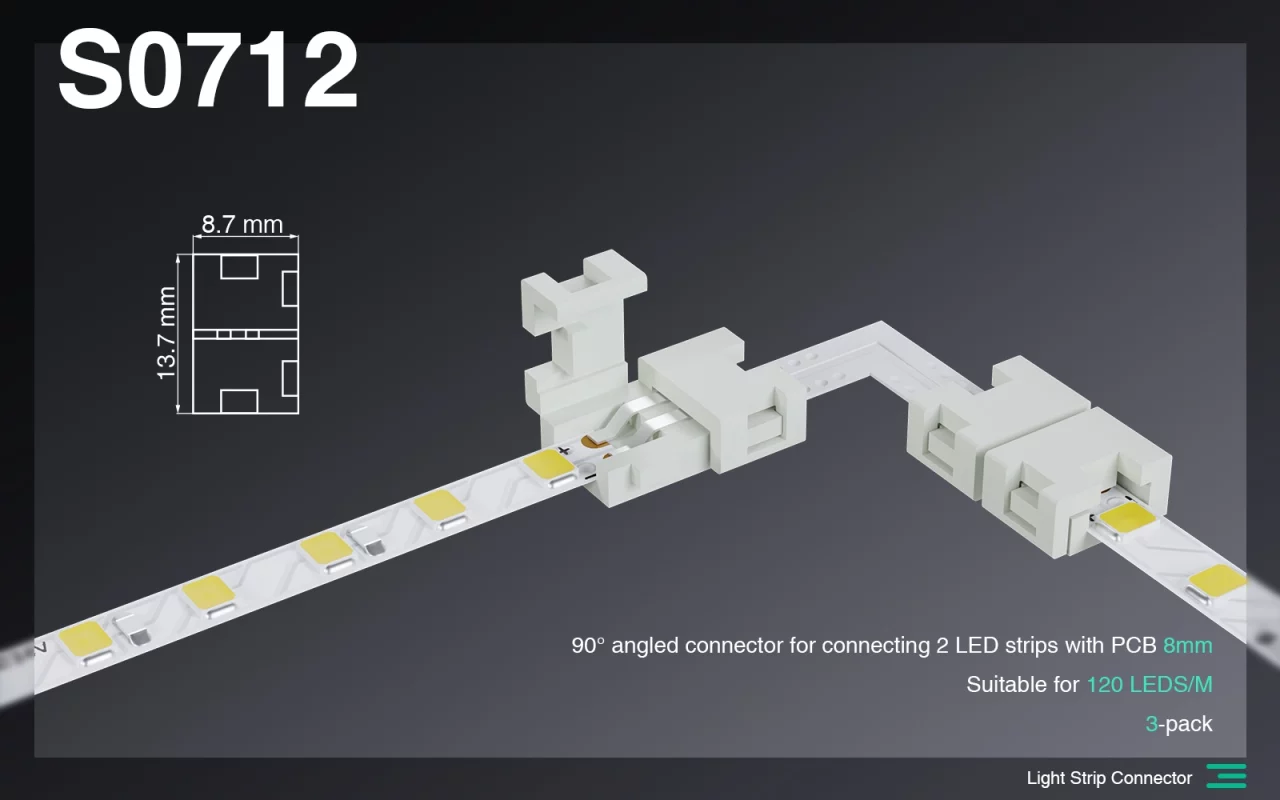 90°-ko kokapen-konektorea 2 strisce argidun LED bat 5 mm-ko PCB bat/adaptua 120 LED-ko/osagarri per strisce distiratsu-LED Strip Argi-konektoreak--S0712 01