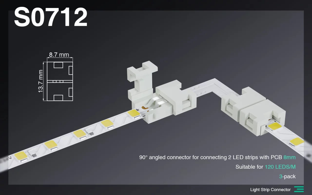 Bidh an connettore ad angolo ann an colaiste 90 ° 2 strisce a ’soilleireachadh LED le PCB le 5 mm / adtto gach 120 LED / accessori airson gach stiall luminose-LED Strip Light Connectors -- S0712 01