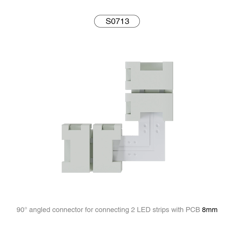 El connector d'angle de 90 ° connecta 2 tires de LED amb PCB de 8 MM/apte per a connectors de llum de tira de LED de 140 LED -- S0713