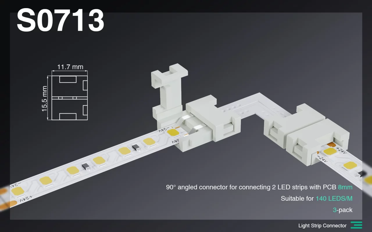 Ny connector zoro 90° dia mampifandray tsipika LED 2 miaraka amin'ny PCB 8MM/mety ho an'ny 140 LEDs-LED Strip Light Connectors--S0713 01