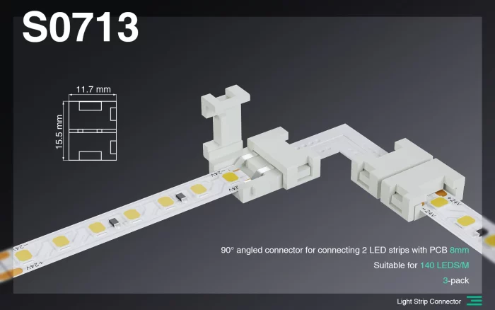 90° angle connector သည် LED strip 2 ခုကို 8MM PCB ဖြင့် ချိတ်ဆက်သည်/ LED 140-LED Strip Light Connectors--S0713 01