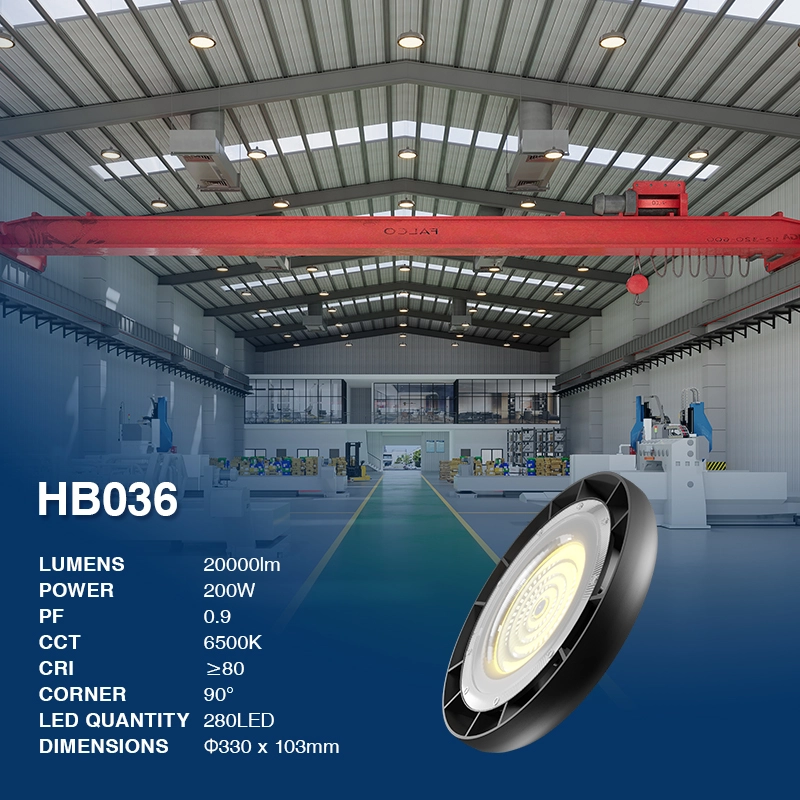 HB036 UFO light 200W/20000lm/ጥቁር ዲዛይን/120° Beam/6500K - ለትልቅ የጠፈር ብርሃን-ከፍተኛ የባህር ወሽመጥ መብራቶች ተስማሚ --02