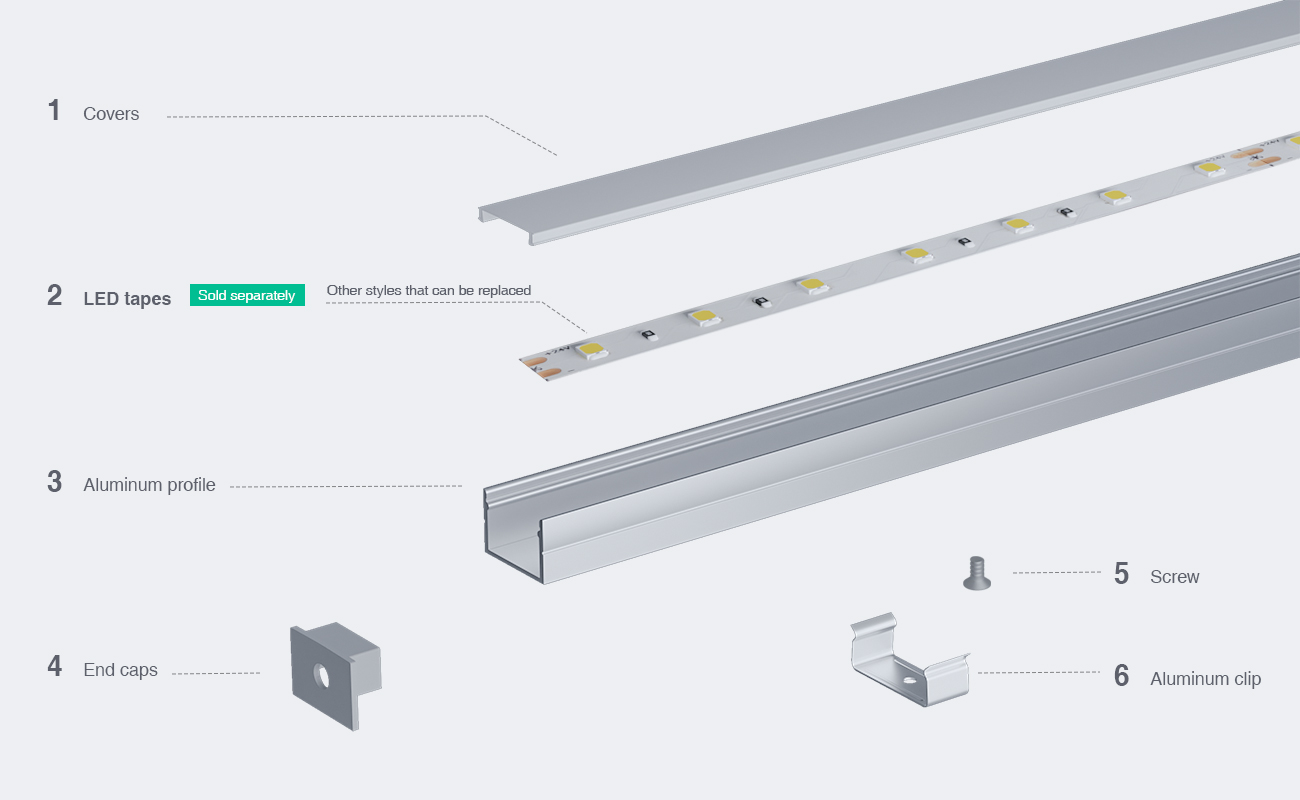 LED aliuminio kanalas L2000 × 19.3 × 13 mm - SP34 - įleidžiamas LED kanalas be rėmelių - 03