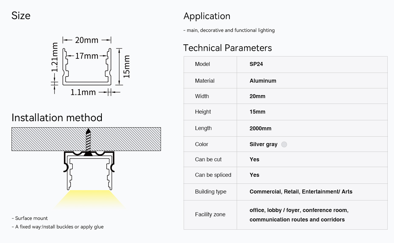 LED-Aluminiumkanal L2000×20×15 mm – SP24-Oberflächenmontierter LED-Kanal – 09