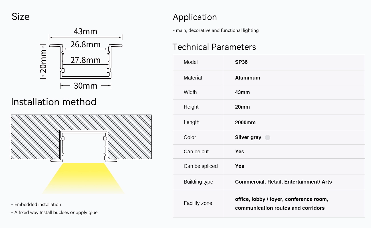 قناة LED للألمنيوم L2000×43×20mm - SP36 - قناة LED للسقف - 09