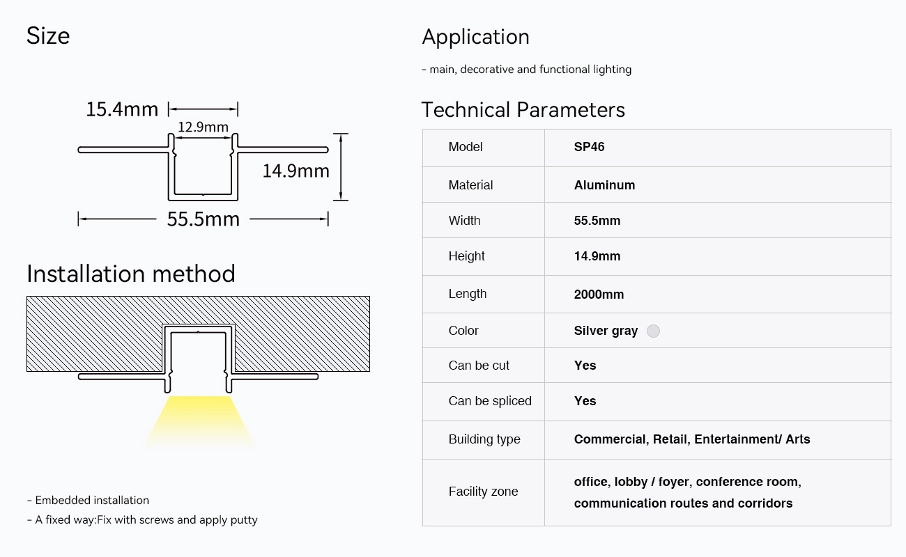 LED aliuminio kanalas L2000×55.5×14.9 mm – SP46 – įleidžiamas LED kanalas – 09