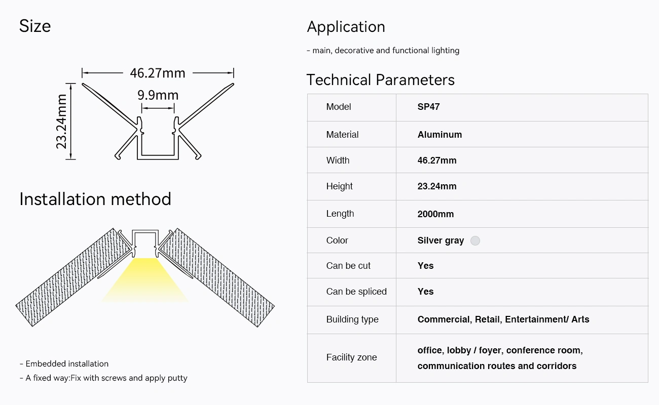 ملف تعريف LED L2000 × 46.27 × 23.2 مم - قناة LED زاوية SP47 - 09