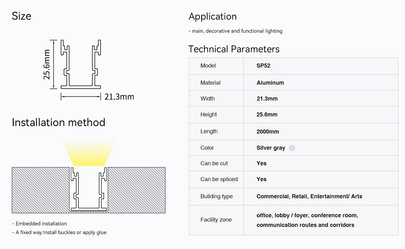 LED Aluminum Profile L2000×21.3×25.6mm - SP52-Recessed LED Channel--09