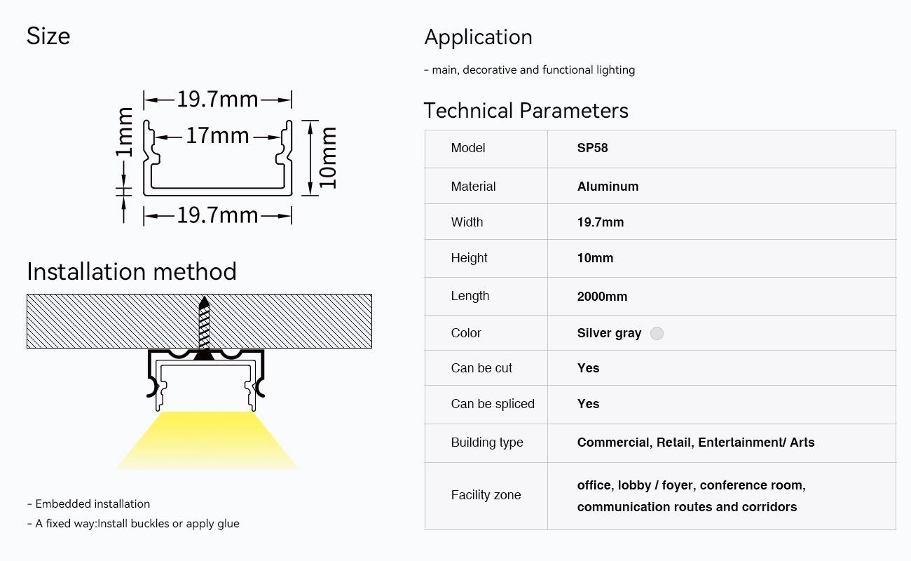 LED चॅनेल L2000×19.7×10mm - SP58-सरफेस माउंट LED चॅनेल--09