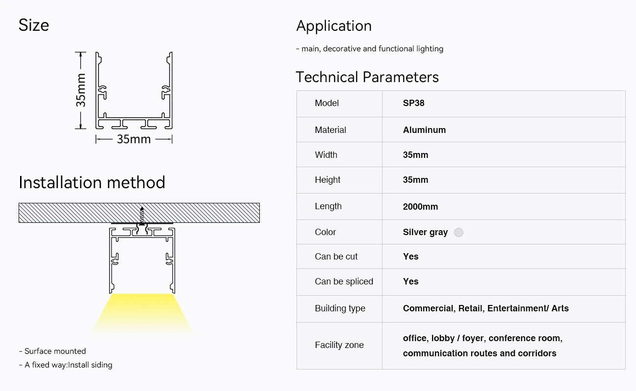 LED alumínium csatorna L2000 × 35 × 35 mm - SP38 - Felületre szerelhető LED csatorna - 09