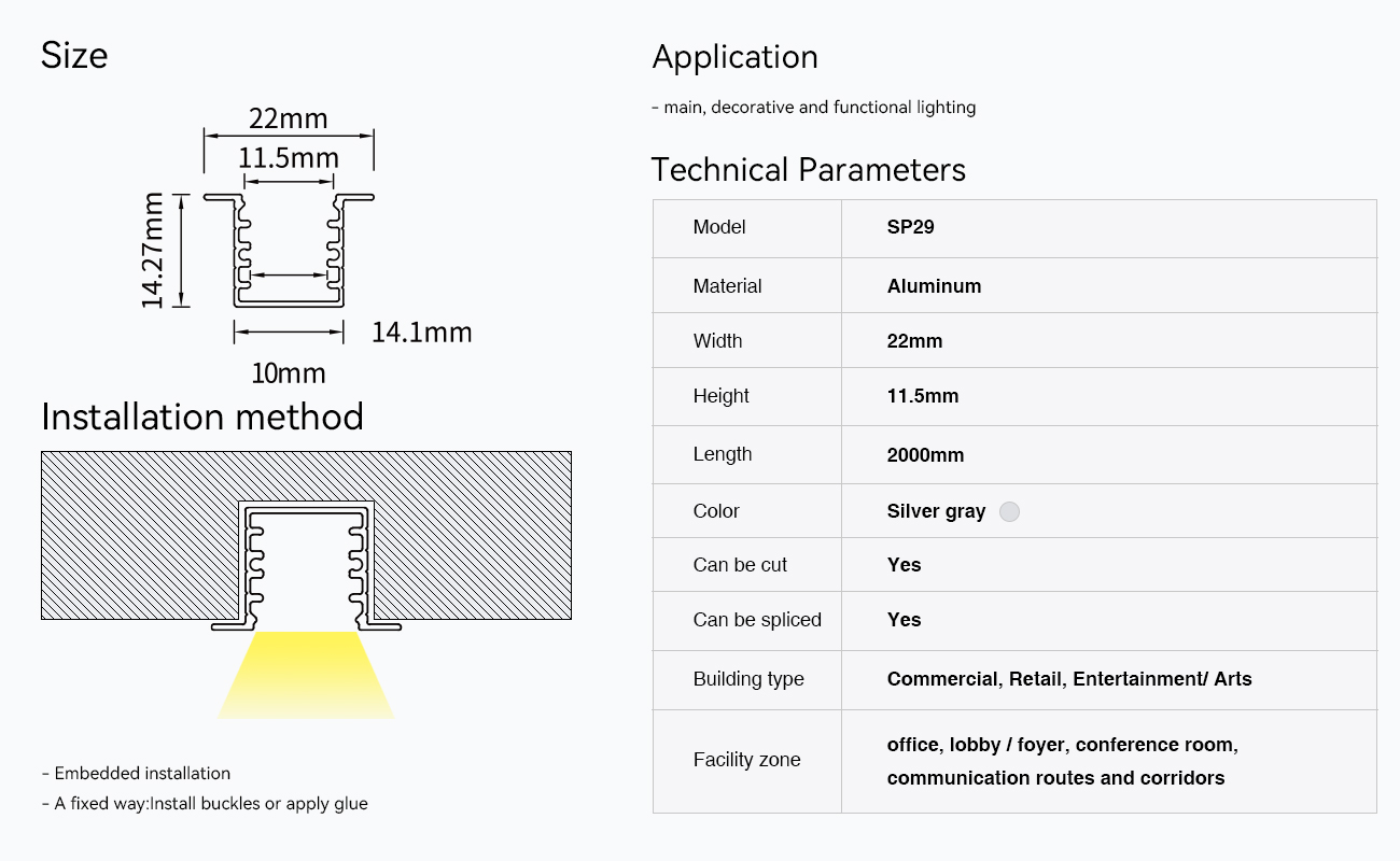 LED Aluminum Channel L2000×22×14.27mm - SP29-Recessed LED Channel--09